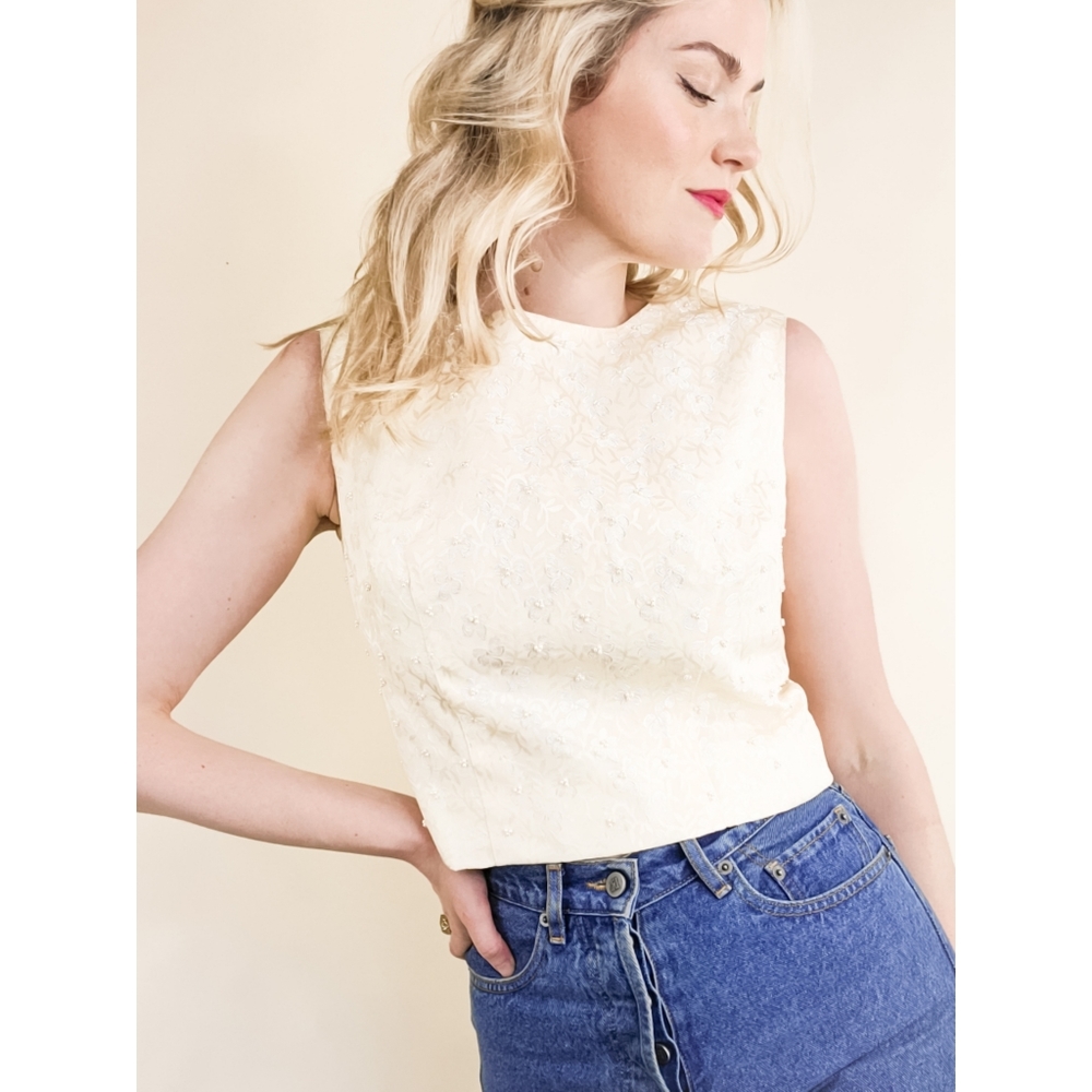 Handmade Vintage Ivory Posie & Pearl Crop Blouse - Picture 2 of 16
